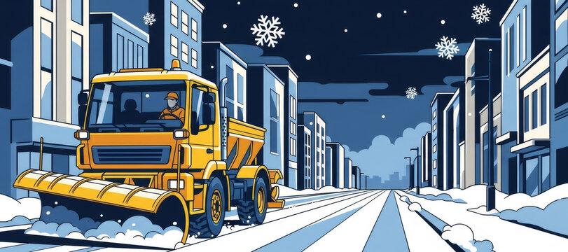 Man driving a snow plow truck removing snow from a city street at night. Winter season services illustration for traffic and urban infrastructure. Banner with copy space
