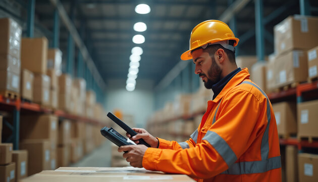 Worker in safety vest and hard hat uses scanner to check boxes in warehouse. Man scans goods for inventory control. Shelves full of packages await sorting and shipping.