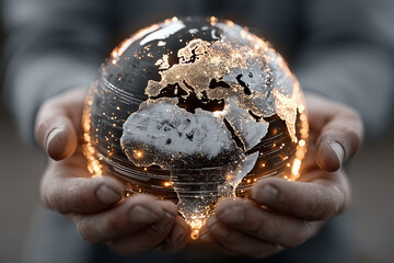global AI. 3D holographic Earth floating above two open human hands, digital circuits and data streams wrapping the globe