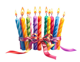  Bundle of Birthday Candles Tied with Ribbon, Bright Mixed Colors, Isolated on Transparent Background
