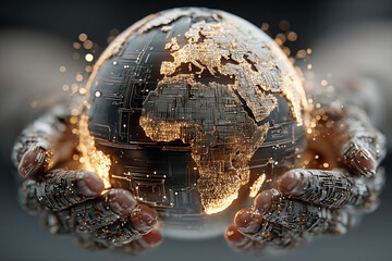 global AI. 3D holographic Earth floating above two open human hands, digital circuits and data streams wrapping the globe