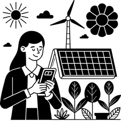 Black and white drawing of smiling woman with phone and renewable energy symbols