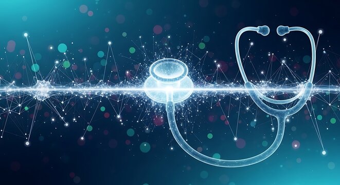Digital stethoscope on a futuristic glowing medical technology background