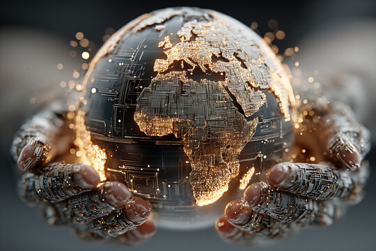 global AI. 3D holographic Earth floating above two open human hands, digital circuits and data streams wrapping the globe