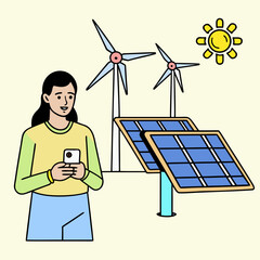 Person holding phone with solar panels and wind turbines illustration Keywords: person