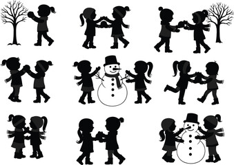 Children winter silhouette, snowman interaction pose, playful seasonal scene, black icon design, outdoor snow activity, holiday joy illustration, isolated graphic