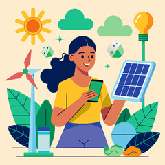 Person Holding Smartphone with Renewable Energy Icons Keywords: person, smartphone, renewable