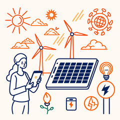 Person using phone with renewable energy and virus icon