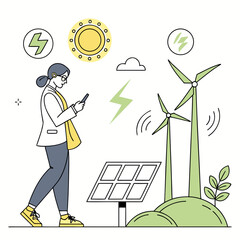 Person with glasses checks phone near renewable energy sources