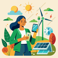 Person with phone near solar and wind energy sources