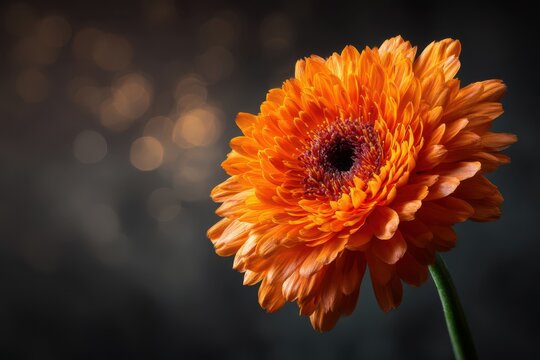 Vibrant orange flower with delicate petals, dark center, and green stem; set against blurred dark background with glowing spots, creating a warm and dreamy atmosphere, no visible text