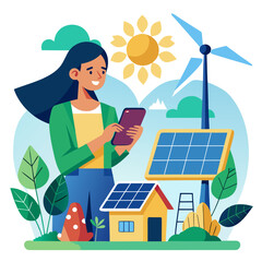 Person with Smartphone and Miniature House with Solar Panel Keywords: person, smartphone