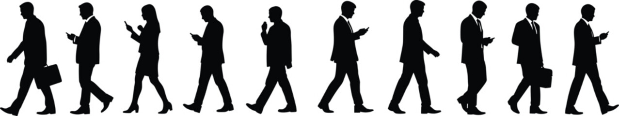 Set of walking business people silhouettes, men and woman with briefcases and smartphones in line isolated on white background