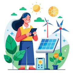 Person with tablet surrounded by renewable energy icons