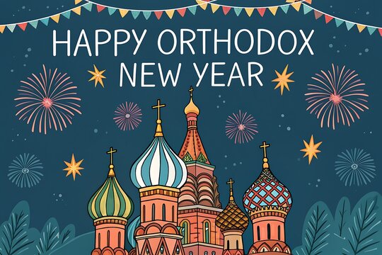 Happy Orthodox New Year Celebration With Fireworks Over Iconic Russian Orthodox Domes

