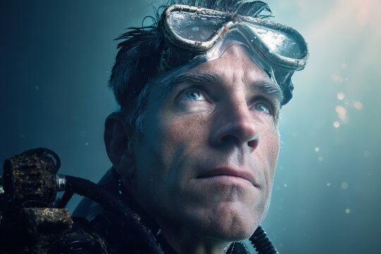 Focused and intense, a man with wet hair wears goggles and a wetsuit underwater. Light filters through water, highlighting his determined expression and rugged features