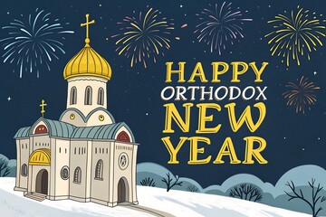 Fototapeta premium Happy Orthodox New Year Celebration With Church And Fireworks In Night Sky