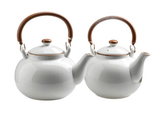  Floating Pair of Classic Teapots with Rising Steam, Front View, Isolated on Transparent Background