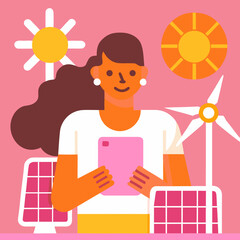 Woman holding pink tablet surrounded by renewable energy symbols