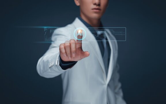 Businessman unlocking a futuristic digital interface with a fingerprint scan for secure access
