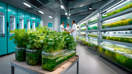 Diligent engineers observe algae and plant cultivation. They research biotechnology in modern laboratory, inspecting farm tubes
