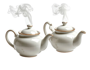  Floating Pair of Classic Teapots with Rising Steam, Front View, Isolated on Transparent Background