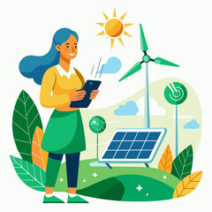 Woman in green outfit with renewable energy setup solar power