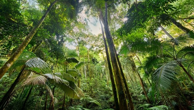 jungle immersion a wide angle perspective of a dense emerald forest capturing the intricate details of the canopy and filtered sunlight