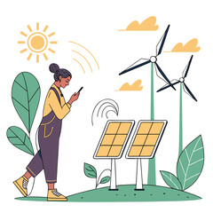 Woman in overalls checking smartphone near solar panels and wind turbines