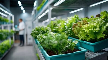 Diligent worker inspects fresh green lettuce. Modern vertical farm uses hydroponic indoor farming technology for sustainable agriculture