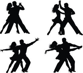 Set of dancing couple silhouettes, man and woman performing elegant ballroom and latin dance moves isolated on white background