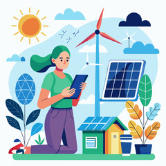 Woman interacting with renewable energy systems Keywords: renewable energy, solar panel, wind