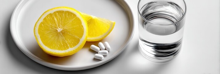 A plate featuring fresh lemon slices, a glass of water, and white pills. Ideal for health and wellness themes.