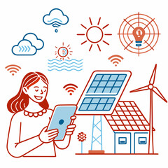 Woman managing smart home energy with tablet and icons