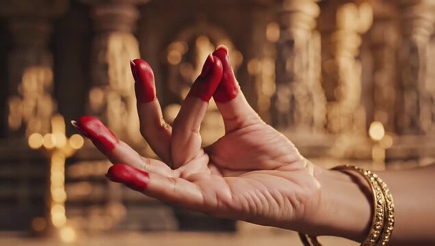 Close Up Hand Gesture With Red Nail Polish Against Golden Background