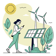 Woman uses smartphone near solar panels and wind turbines