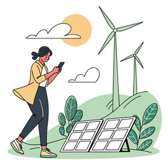 Woman Using Smartphone Near Solar Panels and Wind Turbines