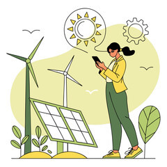 Woman using smartphone near solar panels and wind turbines