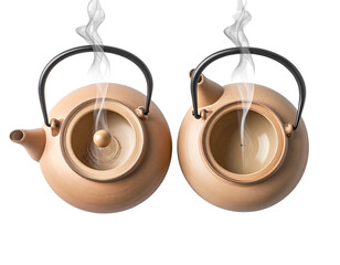 Minimalist Floating Teapot Pair with Soft Vertical Steam Columns, Overhead Perspective, Isolated PNG