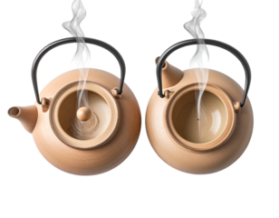 Minimalist Floating Teapot Pair with Soft Vertical Steam Columns, Overhead Perspective, Isolated PNG