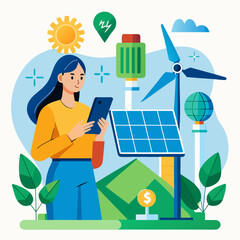Woman using smartphone with renewable energy sources