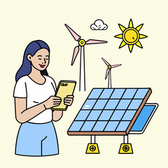 Woman using smartphone with solar panels and wind turbines Keywords: woman, smartphone, solar