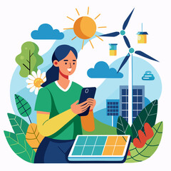 Woman using smartphone with renewable energy sources in background
