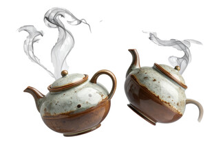 Angled Floating Teapot Duo with Curved Steam Trails, Dynamic Mid-Air Layout, Transparent PNG