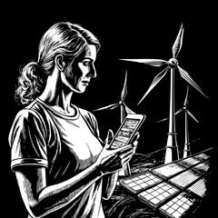 Woman using smartphone with solar panels and wind turbines Keywords: woman, smartphone, solar