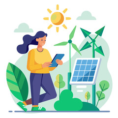 Woman Using Tablet With Solar Panel And Wind Turbines Keywords: renewable energy, solar power