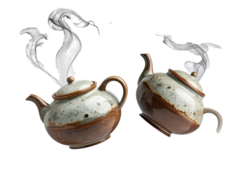 Angled Floating Teapot Duo with Curved Steam Trails, Dynamic Mid-Air Layout, Transparent PNG - Powered by Adobe