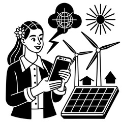 Woman With Flower In Hair Using Phone Near Renewable Energy Icons Keywords: renewable energy