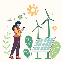 Woman with glasses and smartphone near renewable energy installations