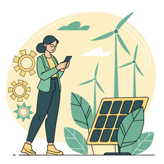 Woman with glasses using phone near wind turbines and solar panel